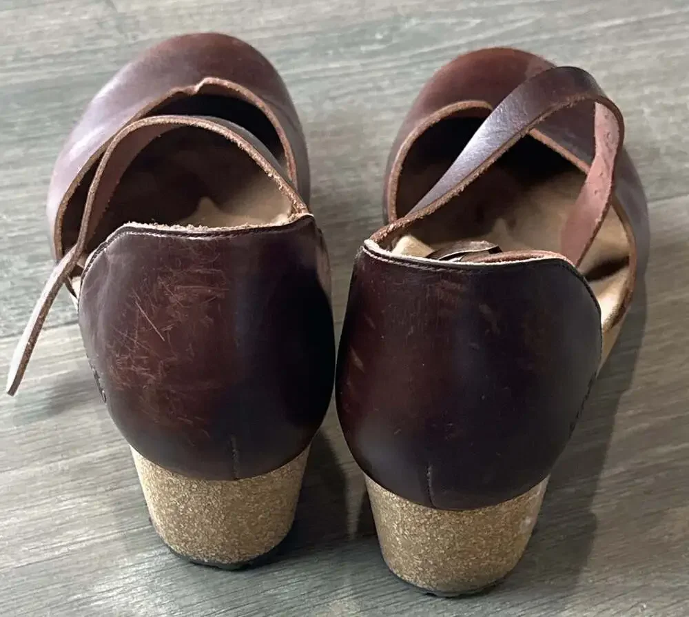 Papillio Birkenstock Mary Brown Leather Wedge Heels Cork Sandals Women's Size 42